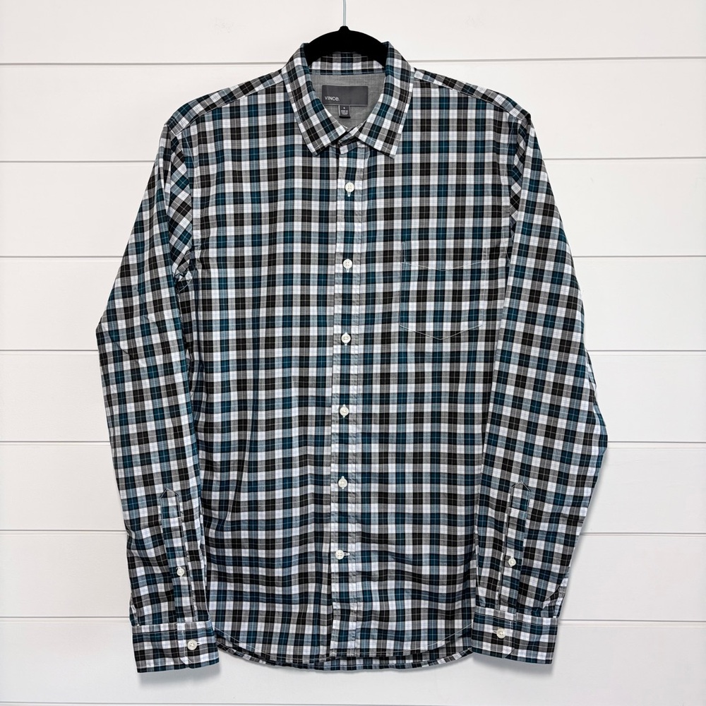 Vince Plaid‎ Cotton Blue Gray short sleeves casual  Shirt Size S